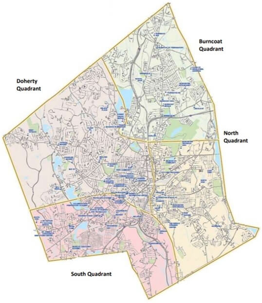 Worcester map divided by quadrant