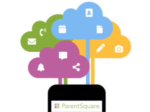 ParentSquare logo in phone graphic with colored clouds coming out with icons indicating some of the uses of ParentSquare