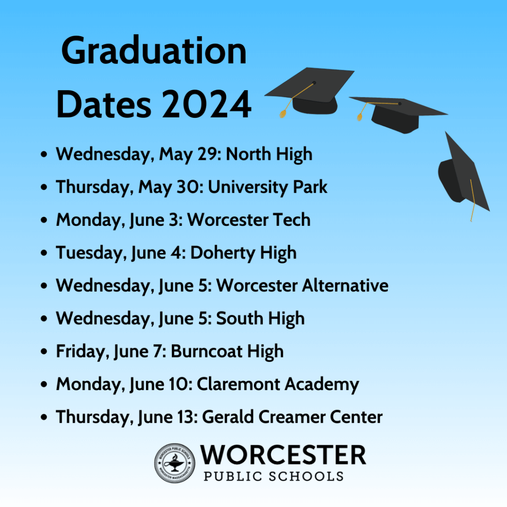 Graphic of schools and dates for 2024 Worcester Public Schools High School Graduations.
